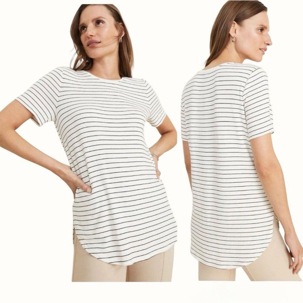 Ann Taylor Women's MEDIUM Winter White Black Striped Tunic Tee Stretch Coverage